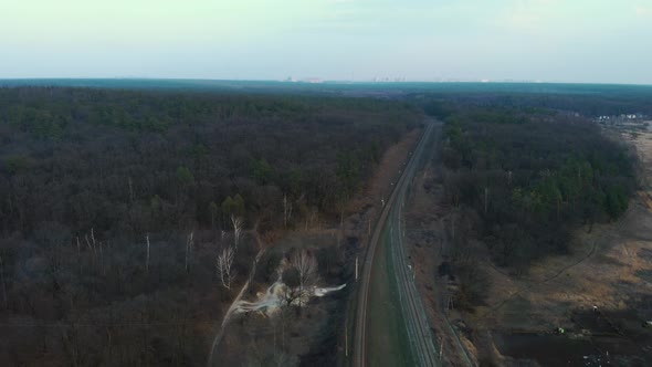 Empty straight railways in forest, aerial view. High speed train tracks in forest