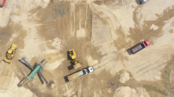 Sanding on automatic conveyor belt. Mining conveyor sand sorting . Aerial View