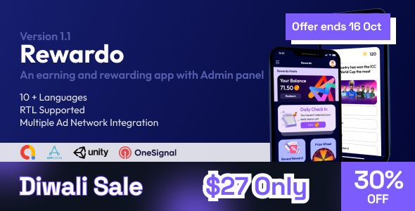 Rewardo : Flutter Quiz Rewarding & Earning App for iOS and Android with Admin Panel