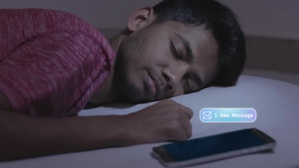 Concept showing of irregular sleep or sleep deprivation caused due to mobile phone, young adult got