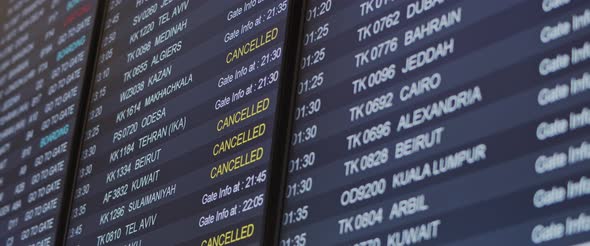 Close up of flight schedule board with canceled flights information