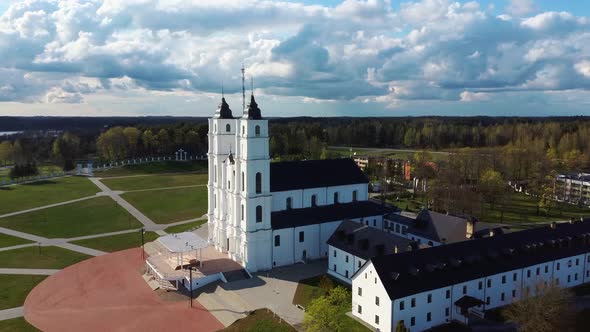 Majestic Aglona Cathedral in Latvia. White Chatolic Church Basilica. Aerial Dron 4K Shot alt