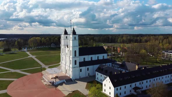 Majestic Aglona Cathedral in Latvia. White Chatolic Church Basilica. Aerial Dron 4K Shot