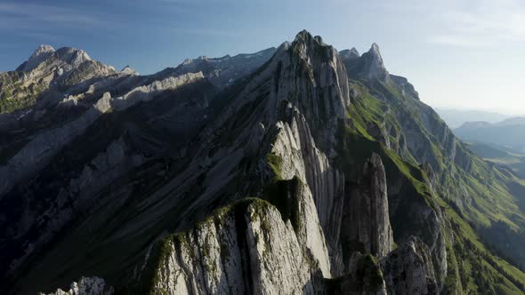 Aerial view of a beautiful mountain landscape in Wasserauen, Switzerland.