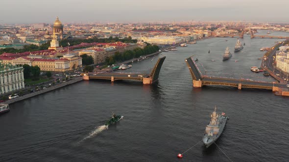 Aerial Landscape with Warships in the Neva River Before the Holiday of the Russian Navy at Early