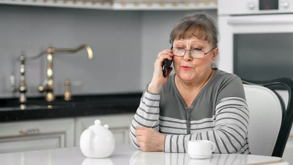 Laughing Attractive Senior Lady Enjoy Communication on Mobile Phone During Drinking Tea