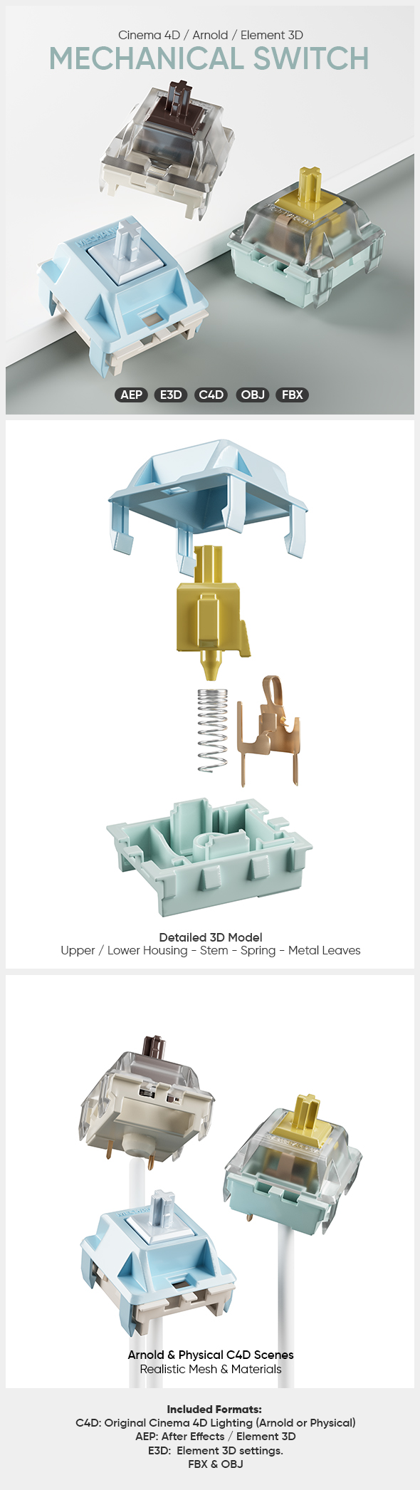 Detailed Mechanical Switch 3D Model for Element 3D & Cinema 4D