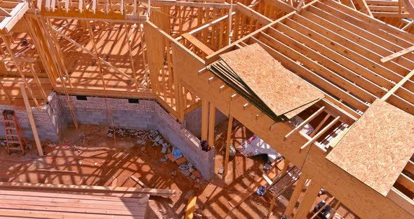 Closeup New Stick Built Home Under Construction Under Framing Structure Wood Frame of House