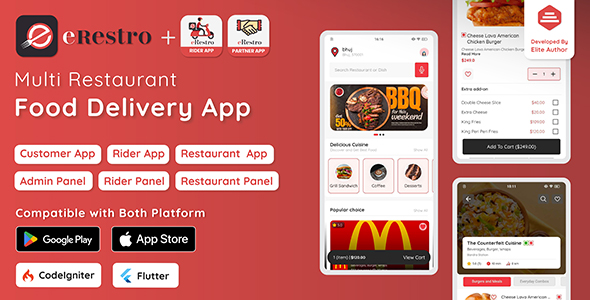 eRestro - Multi Restaurant Flutter App | Food Ordering App with Admin Panel & Restaurant Panel