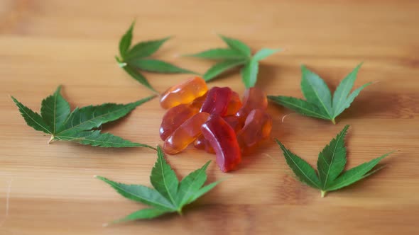 CBD Gummies Falling onto Marijuana Leaves in Real Time