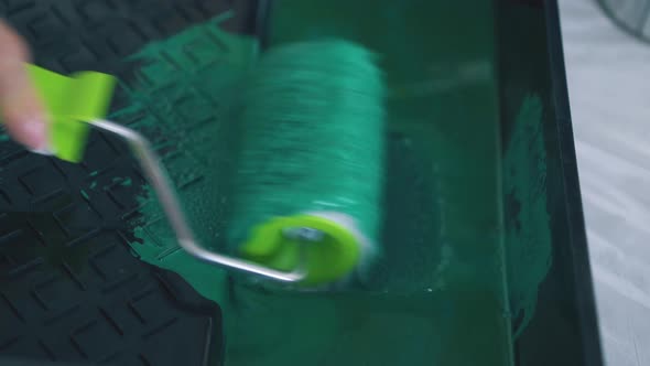 Woman Puts Roller in Tray with Green Paint on Floor Closeup