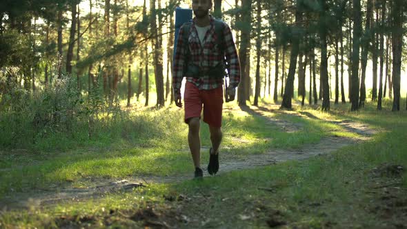 Single Camper Feeling Knee Pain During Walking in Forest, Tenonitis and Sprain