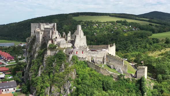 Aerial view of Beckov Castle in the village of Beckov in Slovakia