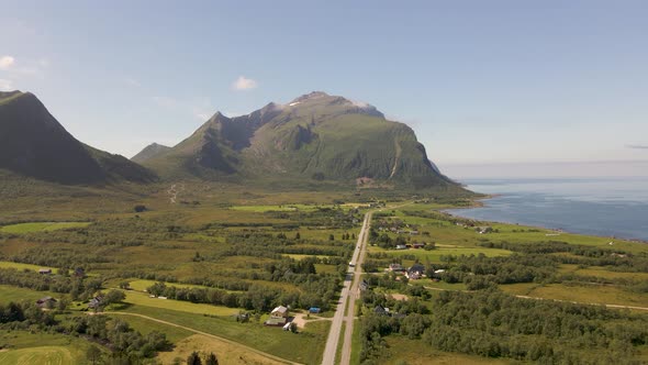 Coastal Highway From The Village Of Storvik To Mevik In Gildeskal, Nordland County, Norway. aerial