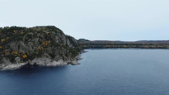 Drone flies to the coastal area of Alona Bay, Lake Superior, Ontario, Canada