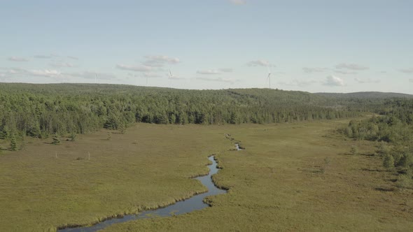 Wide establishing aerial view over Union River, Whales back Eastern Maine