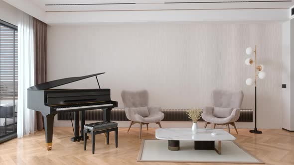 Modern Living Room Interior With Grand Piano, Velvet Armchairs And Coffee Table