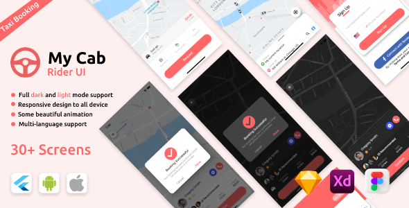 My Cab Android + iOS +Figma + Sketch + XD | Flutter | Rider Taxi Booking