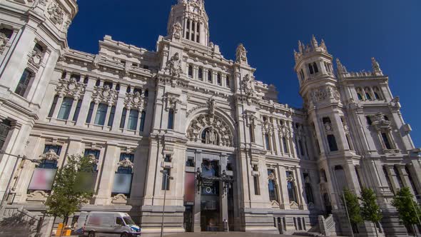 Cibeles Palace Timelapse Hyperlapse City Hall of Madrid Cultural Center and Iconic Monument of the
