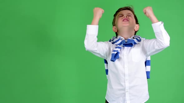 Young Handsome Child Boy Rejoices - Green Screen - Studio