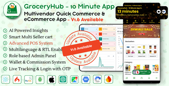 GroceryHub - 10 Minute App Multivendor Quick Commerce & eCommerce App | AI Insight | Multi Cart