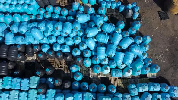 Aerial View on Many Plastic Containers, Water Storage Tanks, Polyethylene Products, Variable Cans