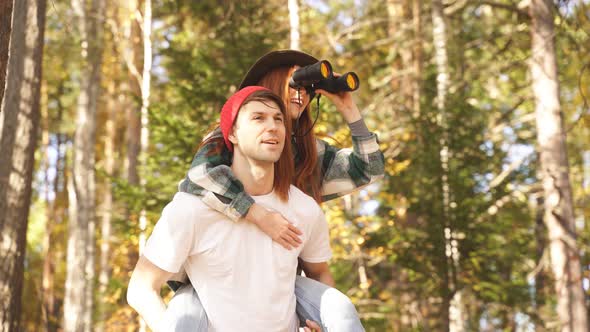 Couple on Trip in Mountains. Hike Together