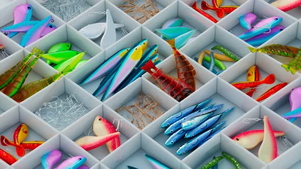 Seamless looping animation of colourful fish bites. Fishing accessories in a box