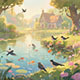 Village Pond Fish Feeding with Birds and Gentle Water Sounds