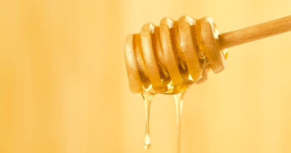 Liquid Organic Honey Dripping from a Honey Dipper on a Light Background