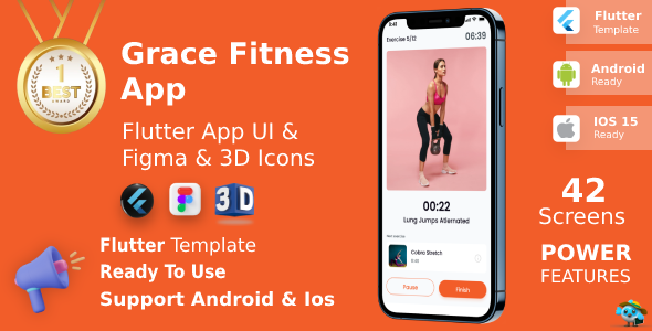 Grace App ANDROID + IOS + FIGMA + 3D Icons | UI Kit | Flutter | Fitness & WorkOut