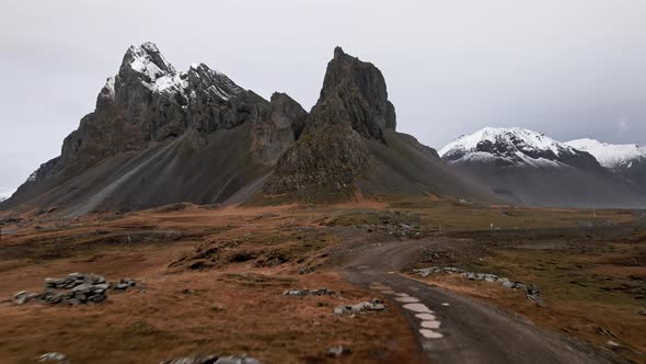 Drone Over Landscape With Vestrahorn Mountain