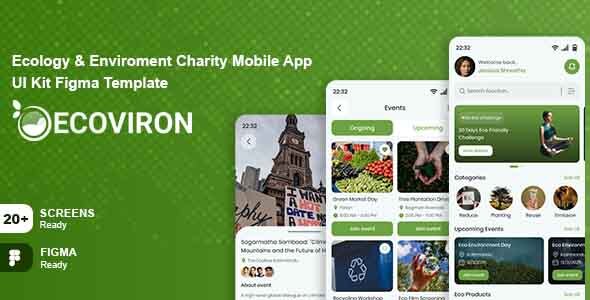 Ecoviron -  Ecology & Enviroment Charity Mobile App UI Kit Figma Template