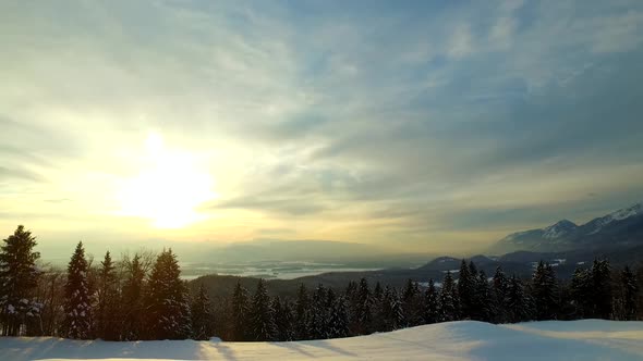 Bold Sunset in High Mountains at Winter