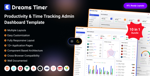 Dreams Timer - Task, Project & Time Tracking Admin Dashboard (React, Nextjs, Html, Angular, Laravel)