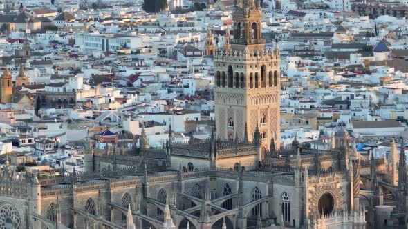 Aerial Tele Shot of Giralda Bell Tower in Seville Old Town