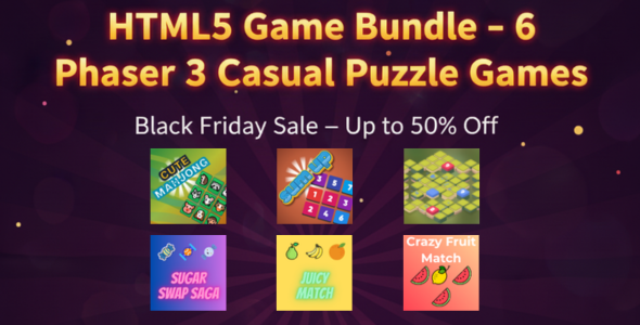 HTML5 Game Bundle – 6 Casual Puzzle Games (Match 3, Mahjong, Merge)