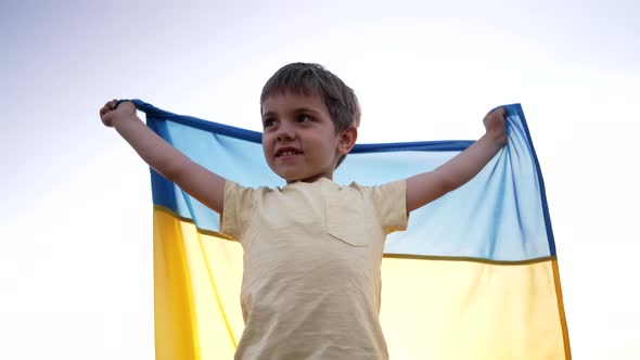 Handsome Little Boy Ukrainian Patriot 3 Years Old Child Holding National Yellow Blue Flag on Clear