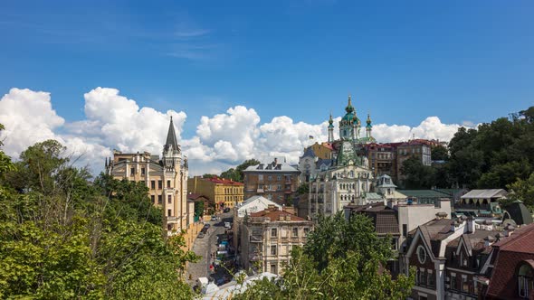 Andrew’s Descent with St. Andrew’s Church in Kyiv, Ukraine. 4k time lapse