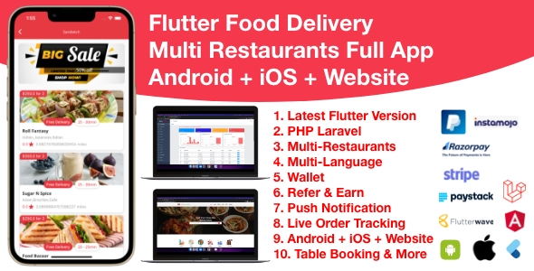 Flutter Food Delivery Multi Restaurants Laravel Backend (Android + iOS + Website + Admin + PWA)
