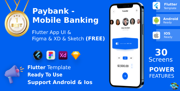 Mobile Banking App | UI Kit | Flutter | Figma + Sketch + XD FREE | PayBank