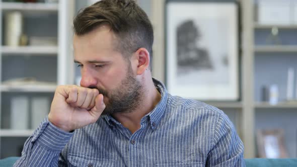 Cough, Portrait of Sick Adult Man Coughing at Work