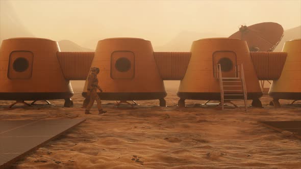 Astronaut on the Planet Mars Making a Detour Around His Base