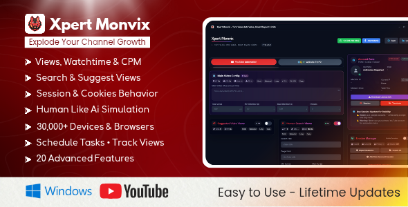 Xpert Monvix – YouTube Views Watchtime Automation & Web Traffic Tool with Free Proxies,Cookies