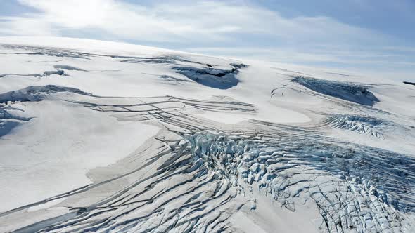 Aerial drone view climate change causing a glacier to melt, in sunny Iceland