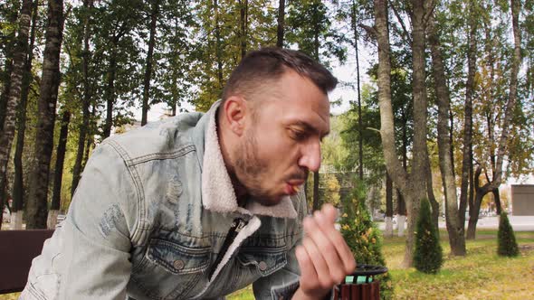 Closeup Modern Young Man Eating Delicious Hamburger