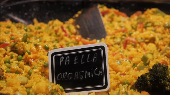 Fresh Paella Prepared on Mediterranean Street Market in Barcelona Spain