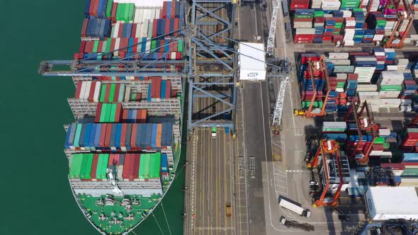 Top view of cargo ship in the port in Hong Kong