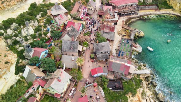 Aerial View of Popeye Village in Anchor Bay From Drone in Mellieha Malta