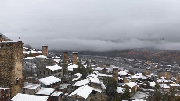 Aerial Winter Scenery of Svan Towers Covered with Snow